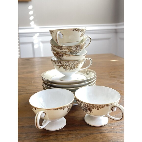 VTGNoritake 6 set Teacups and Saucers Hand-painted Gold Floral DesignJapan
